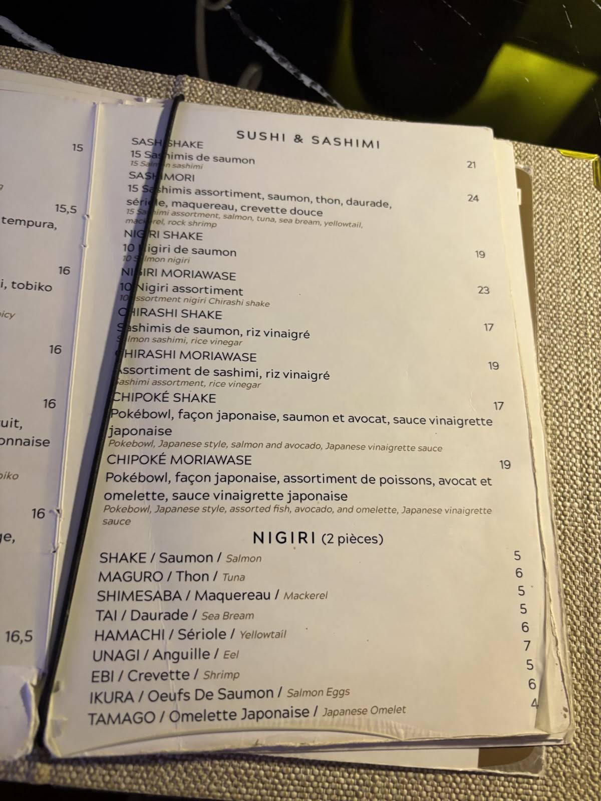 Menu de Yoru Paris 夜