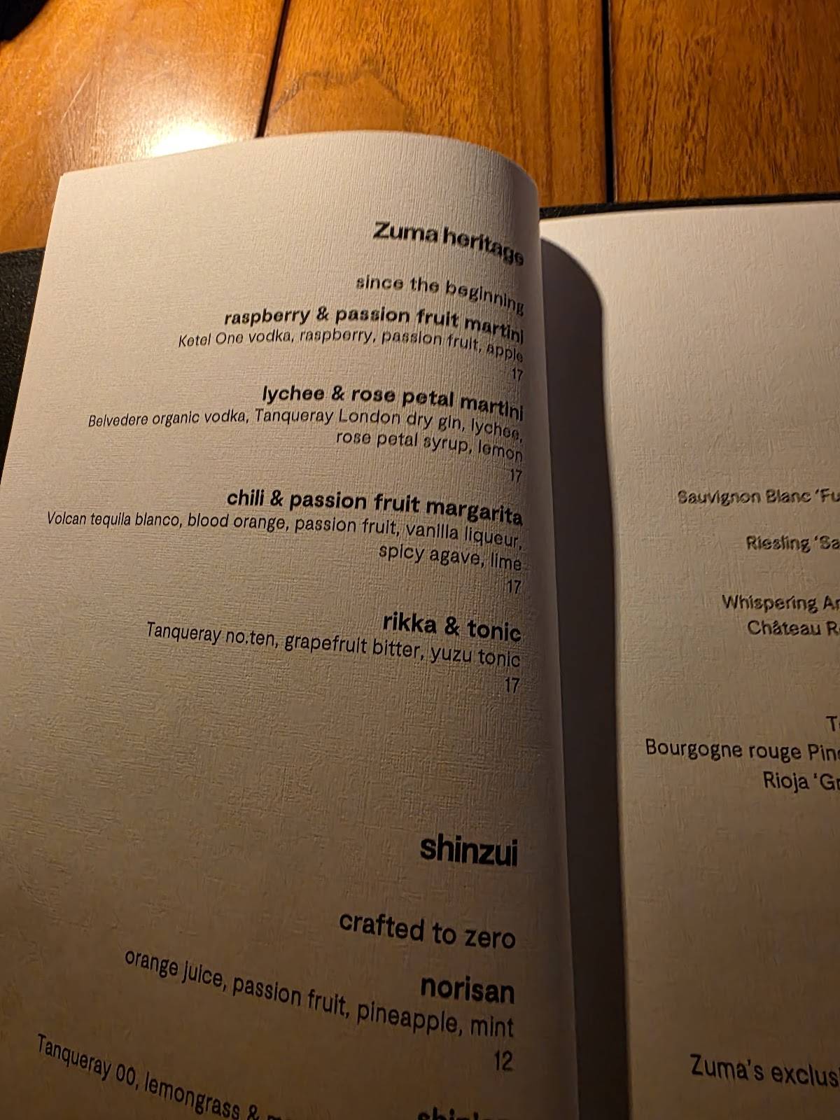 Menu di Zuma 