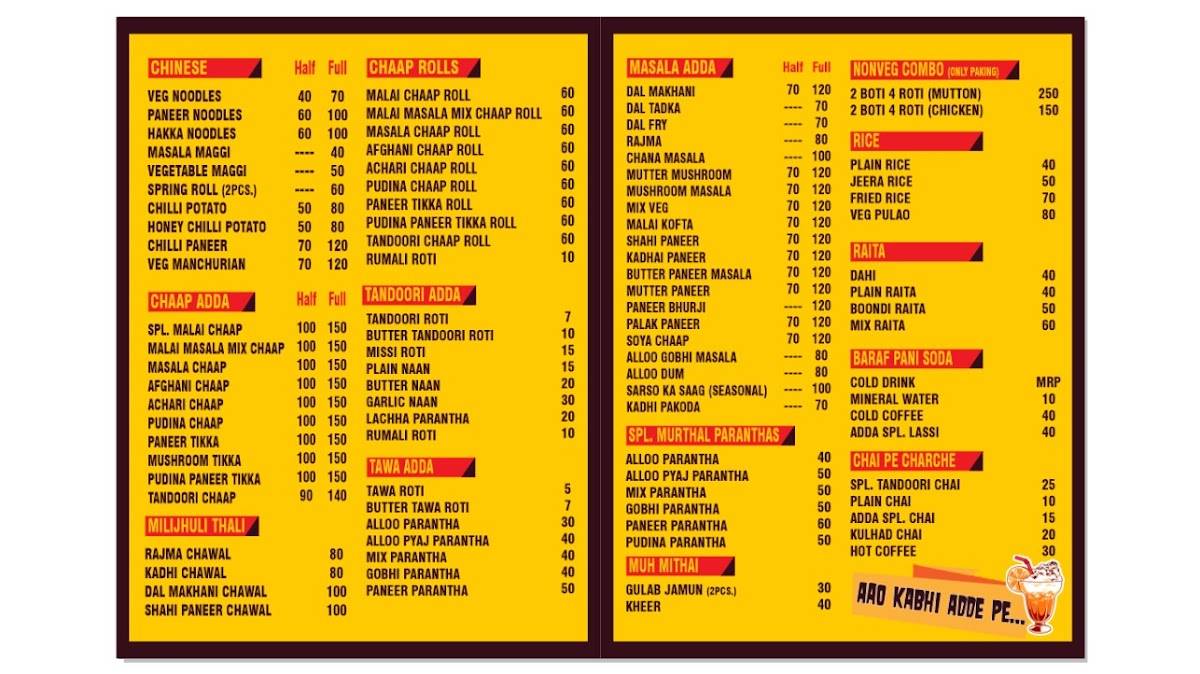 Apna Adda menu