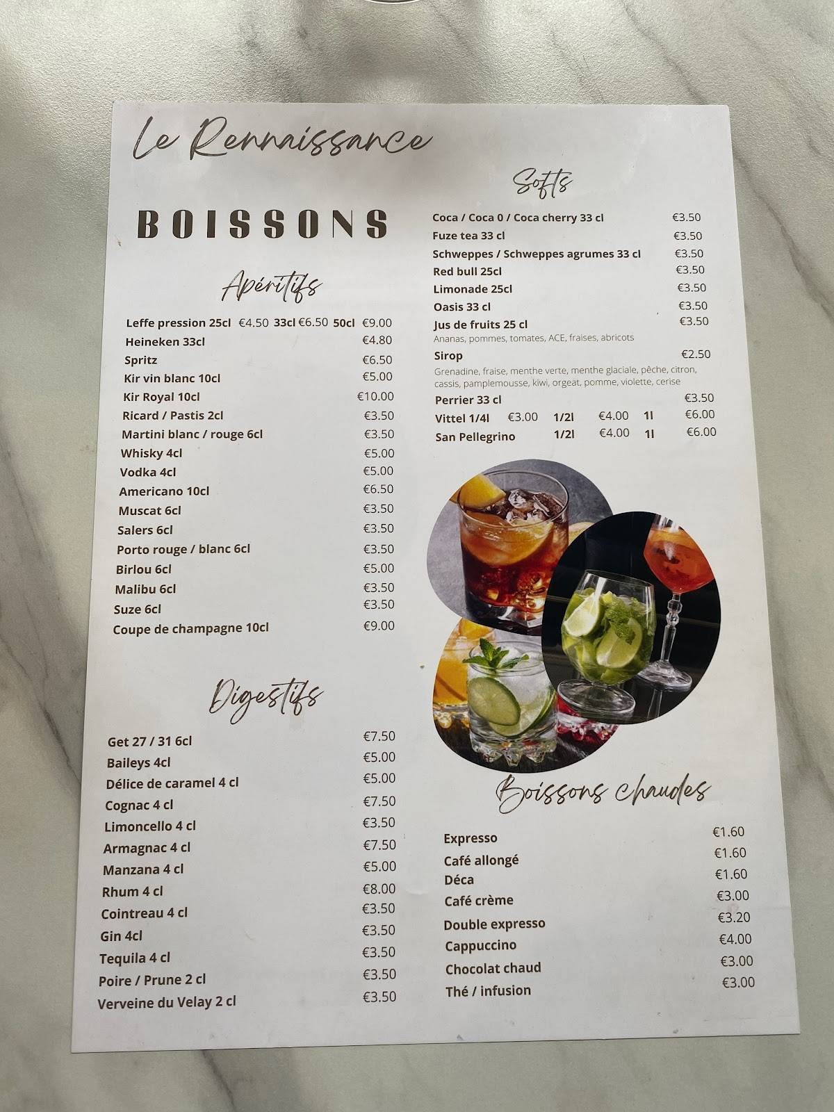 Menu de Le Renaissance Hôtel Restaurant Aurillac