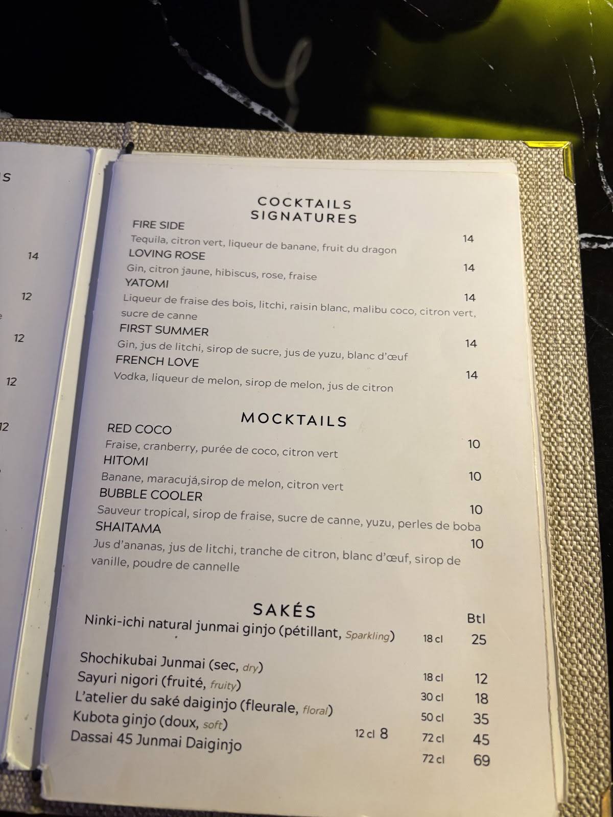 Menu de Yoru Paris 夜