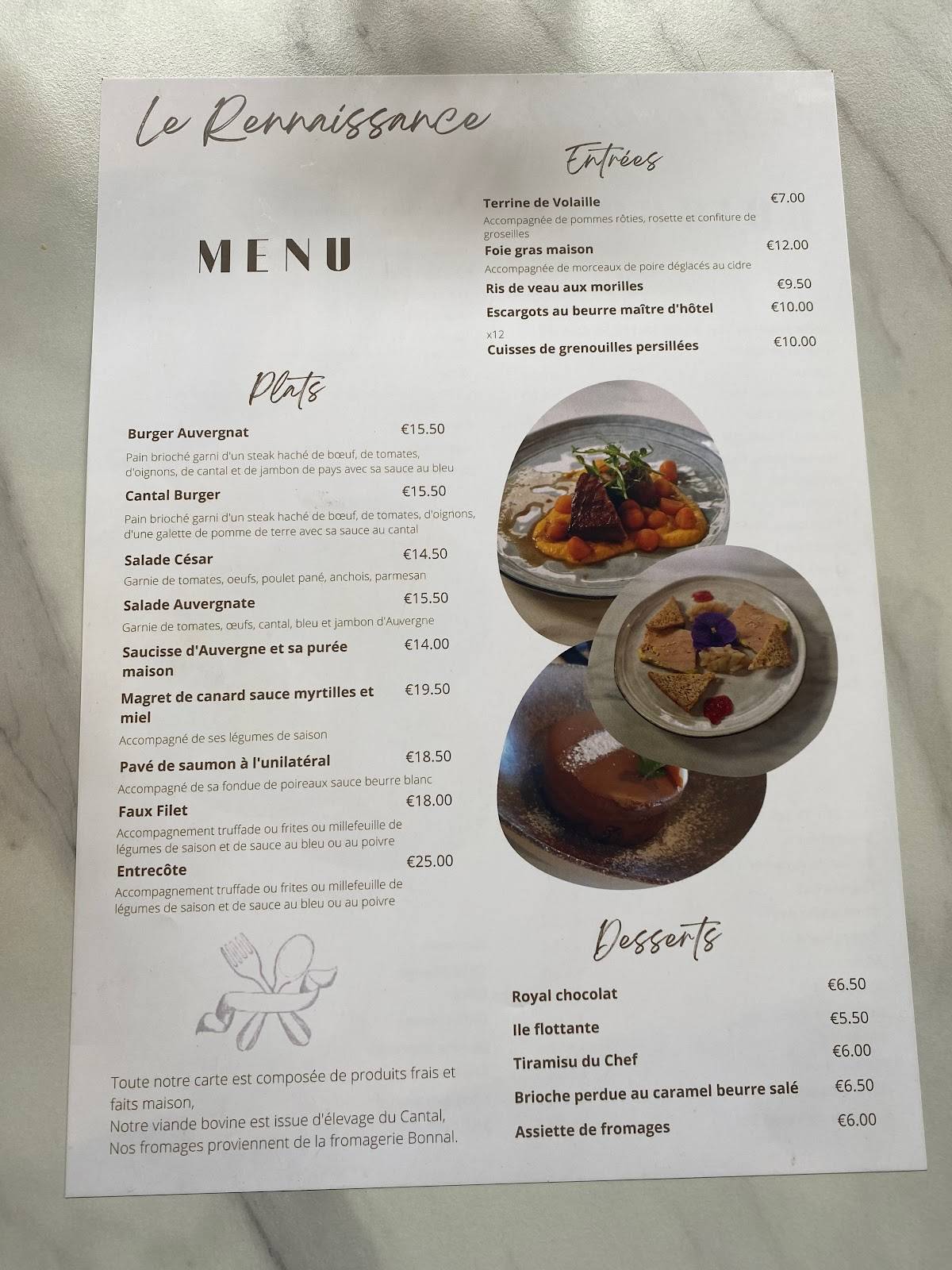 Menu de Le Renaissance Hôtel Restaurant Aurillac