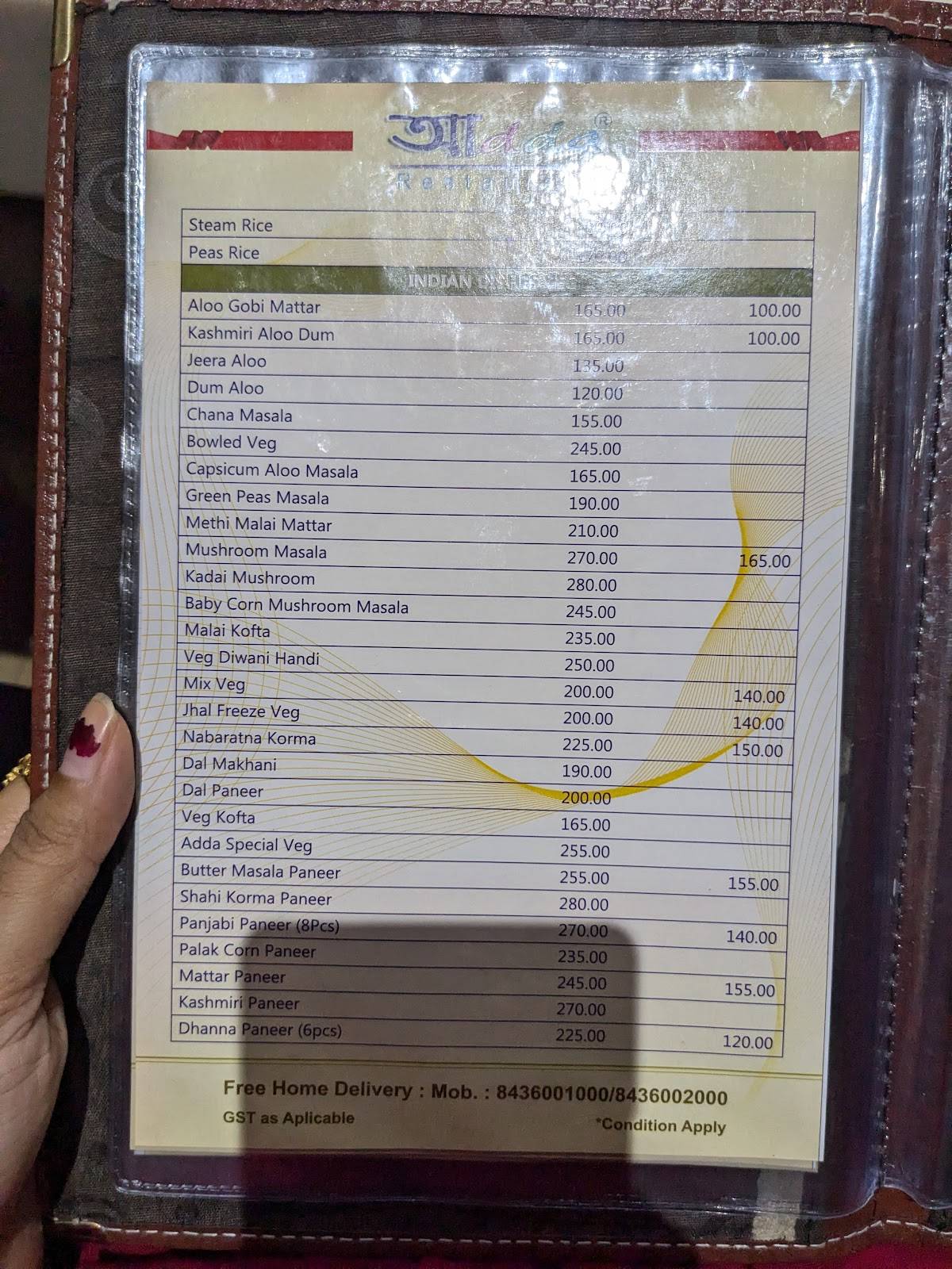 আdda Inn menu