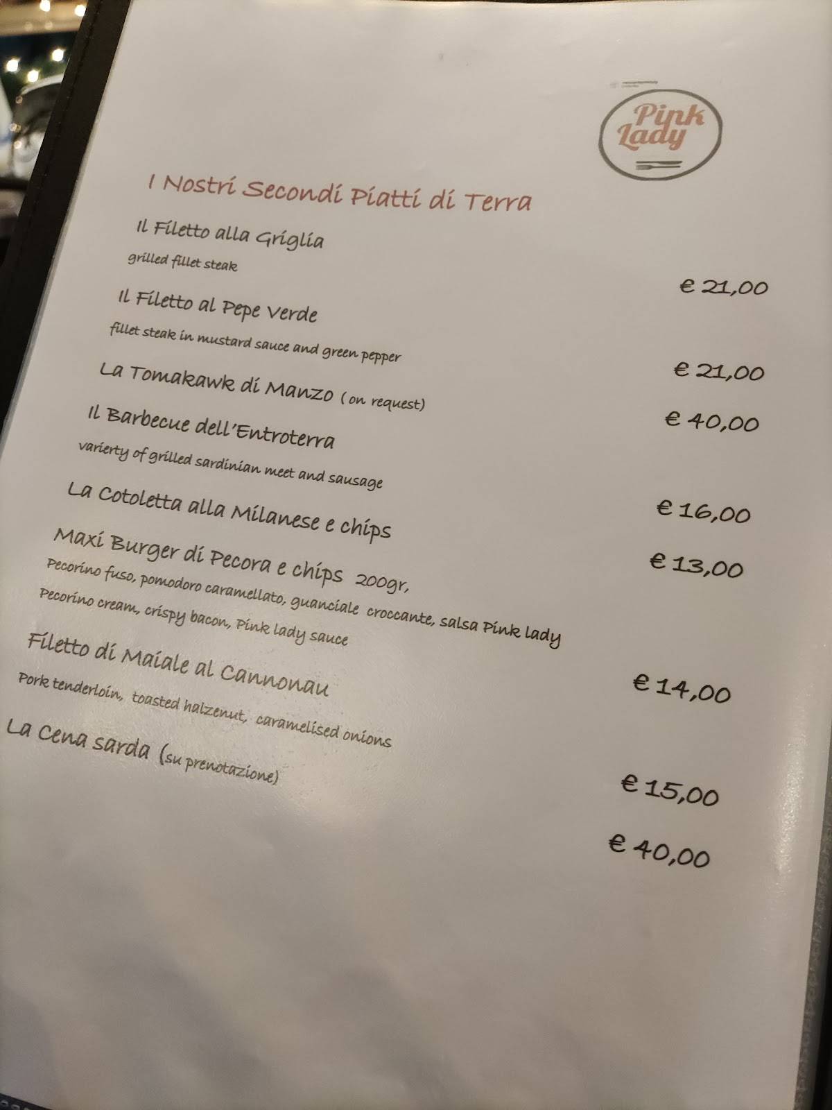 Menu di Ristorante Pink Lady 