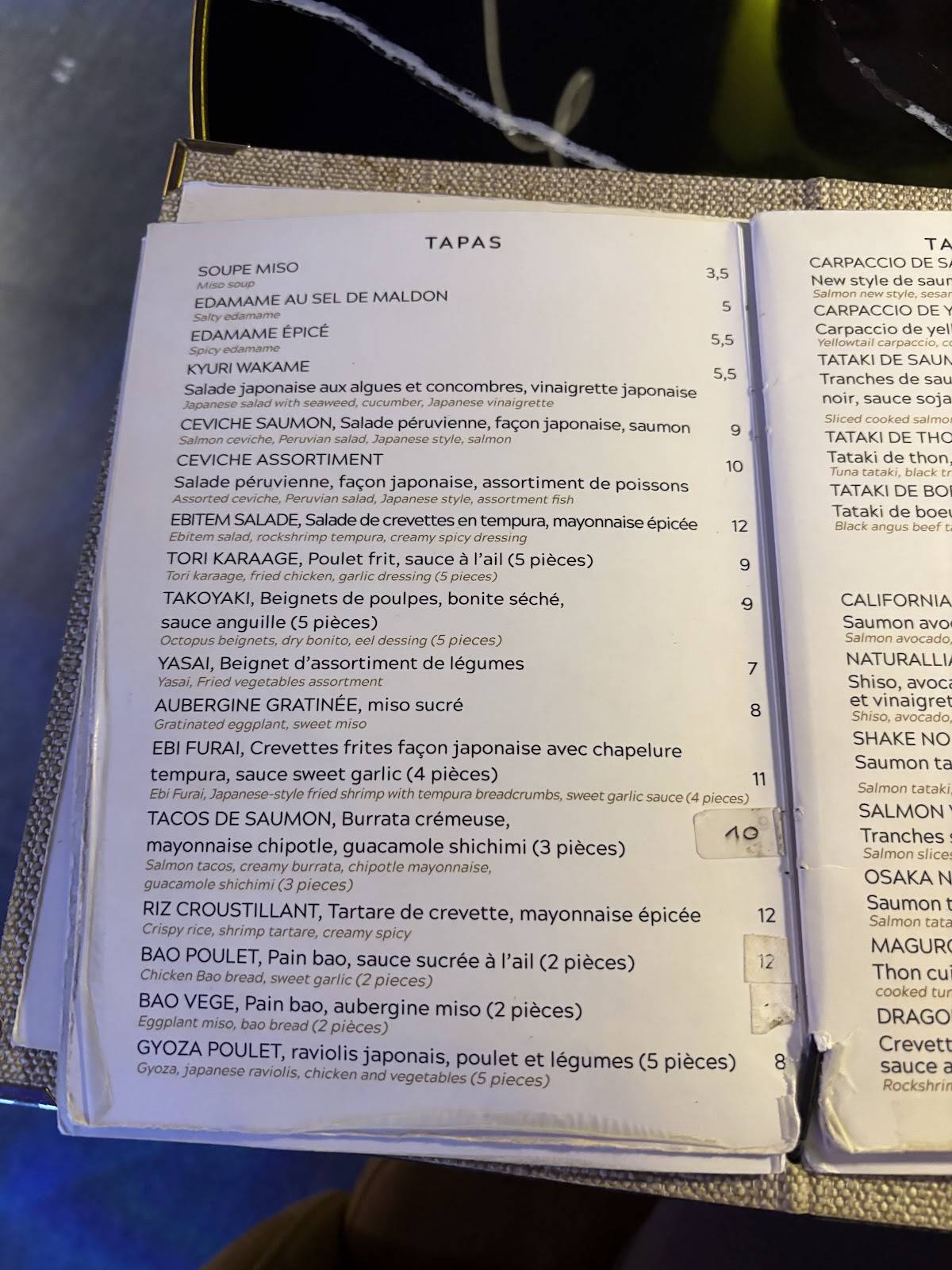 Menu de Yoru Paris 夜