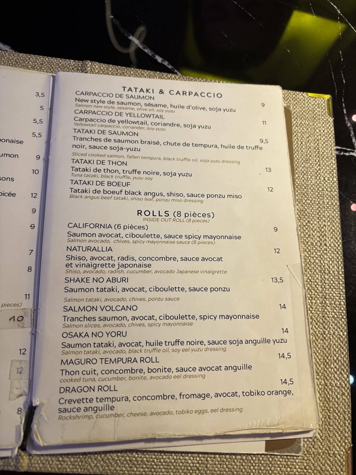 Menu de Yoru Paris 夜